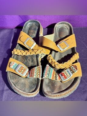 Muk Luks Women's Mustard Braided Multi-Color Strap Sandals
